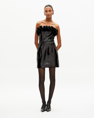 Short strapless sequin dress with leather-effect detail in black