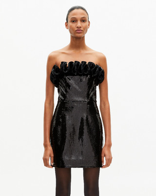 Short strapless sequin dress with leather-effect detail in black