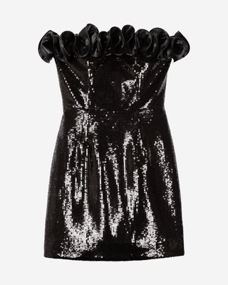 Short strapless sequin dress with leather-effect detail in black
