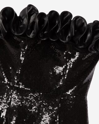 Short strapless sequin dress with leather-effect detail in black