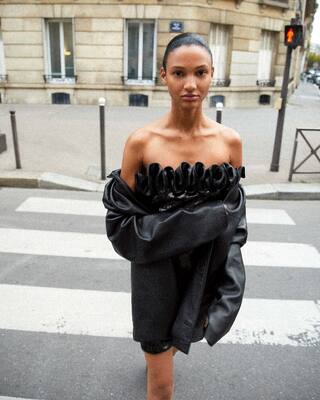 Short strapless sequin dress with leather-effect detail in black