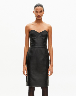 Short strapless black leather dress