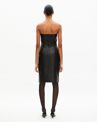 Short strapless black leather dress