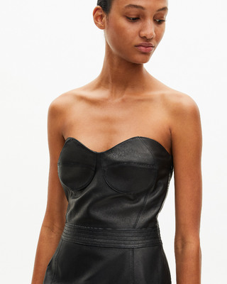Short strapless black leather dress