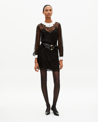 Short dress in black plumetis lace and rhinestones