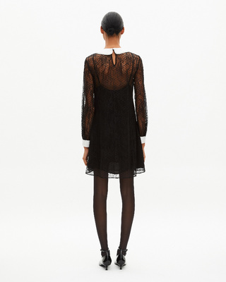 Short dress in black plumetis lace and rhinestones