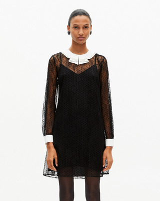 Short dress in black plumetis lace and rhinestones