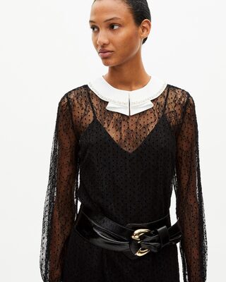 Short dress in black plumetis lace and rhinestones
