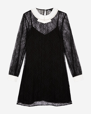 Short dress in black plumetis lace and rhinestones