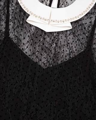 Short dress in black plumetis lace and rhinestones