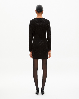 Short knitted dress with rhinestones and pearls, black