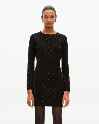 Short knitted dress with rhinestones and pearls, black