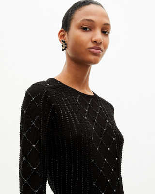 Short knitted dress with rhinestones and pearls, black