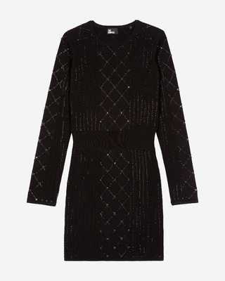 Short knitted dress with rhinestones and pearls, black