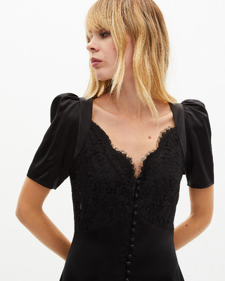 Silk maxi dress with black lace