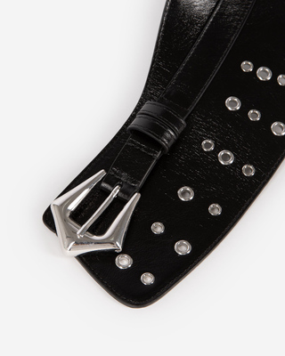 Black leather corset belt with eyelets