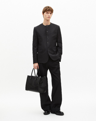 Black collarless jacket