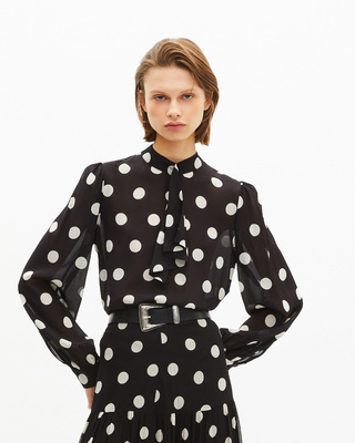 Black silk blend polka dot print top