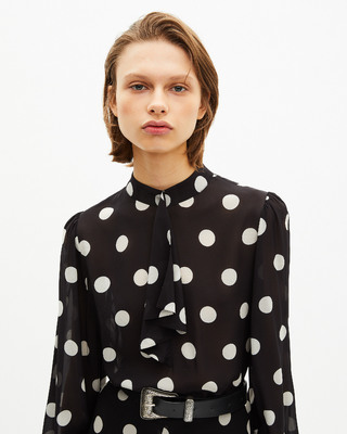 Black silk blend polka dot print top