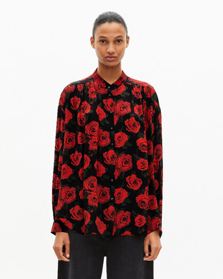 Loose-fitting black floral print shirt