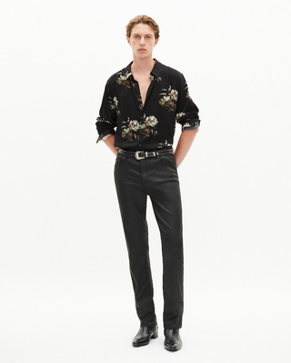 Green and black floral print shirt