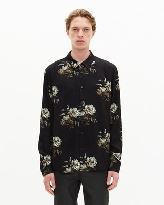 Green and black floral print shirt