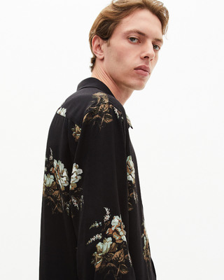 Green and black floral print shirt