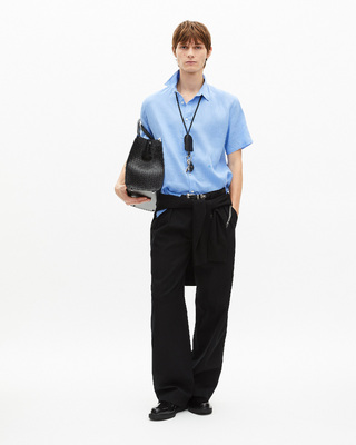 Short-sleeved blue linen shirt