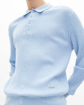 Blue merino wool polo-neck sweater