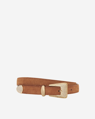 Camel suede western buckle belt with gold rhinestones