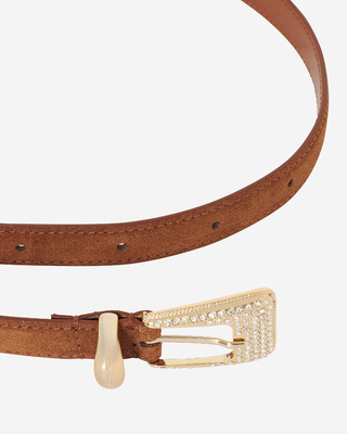 Camel suede western buckle belt with gold rhinestones