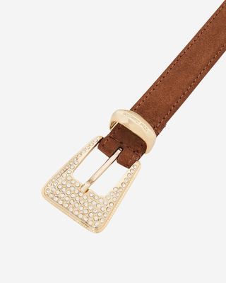 Camel suede western buckle belt with gold rhinestones