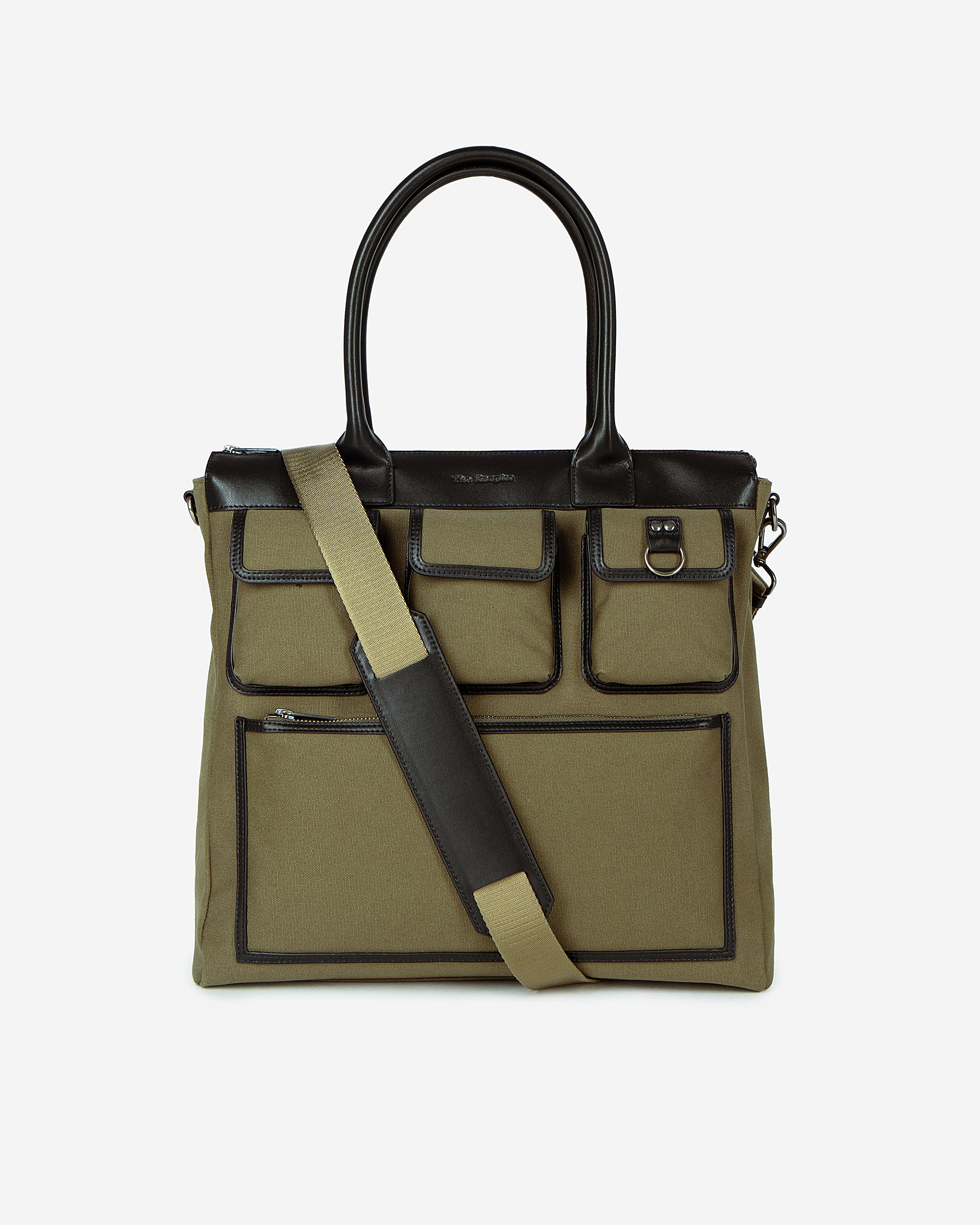 Khaki canvas and leather tote bag