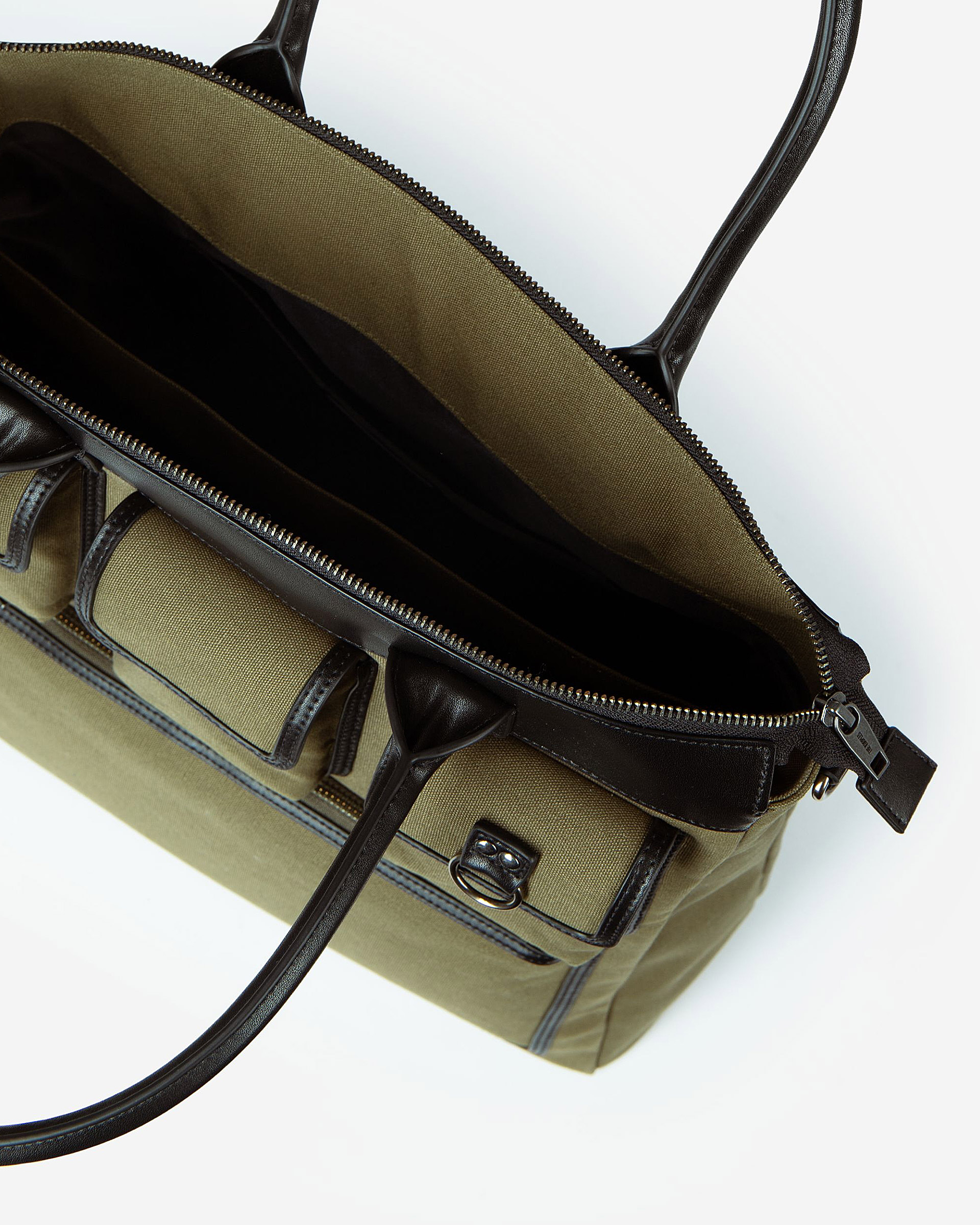 Khaki canvas and leather tote bag