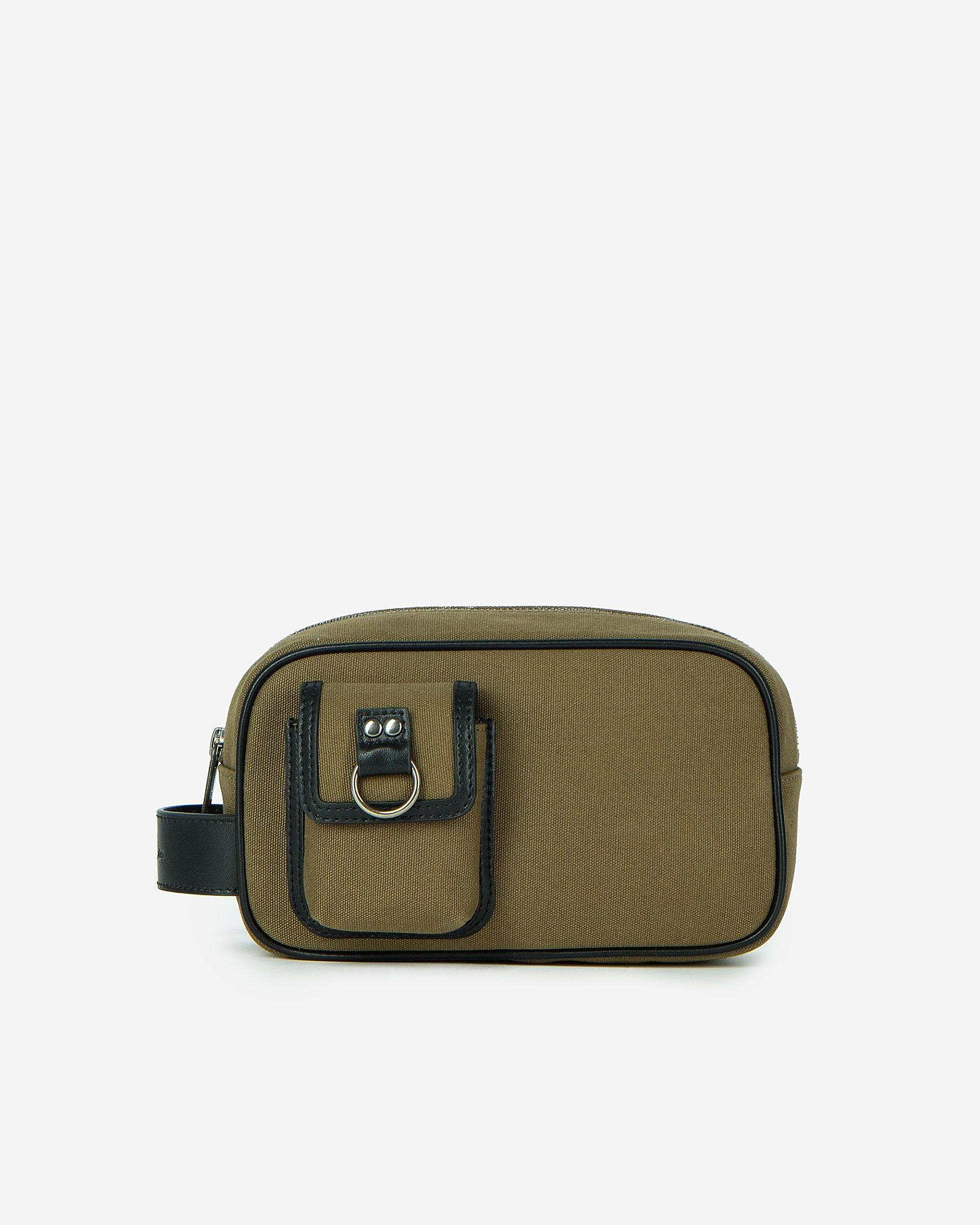 Khaki canvas and leather clutch bag