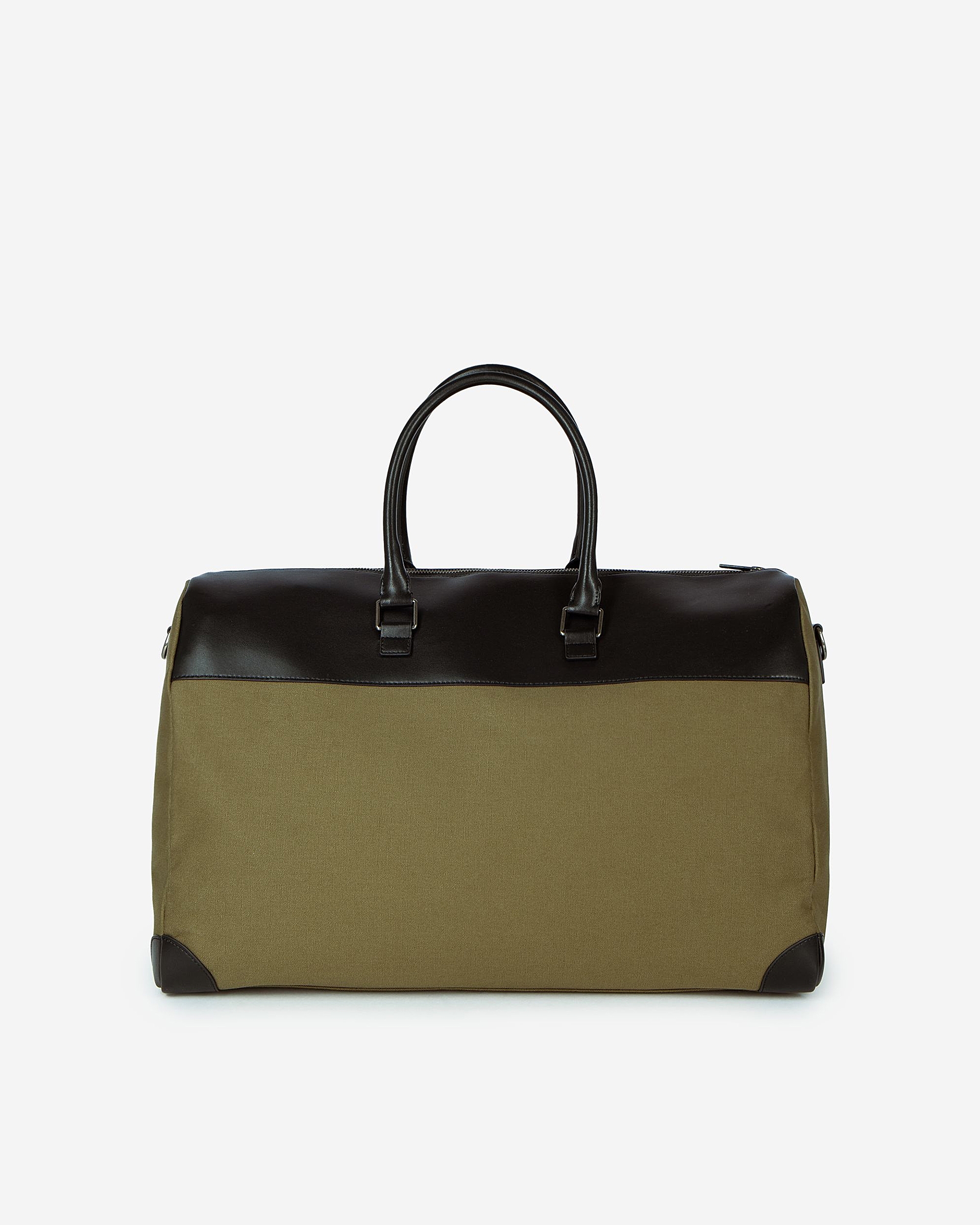 Khaki canvas and leather weekend bag