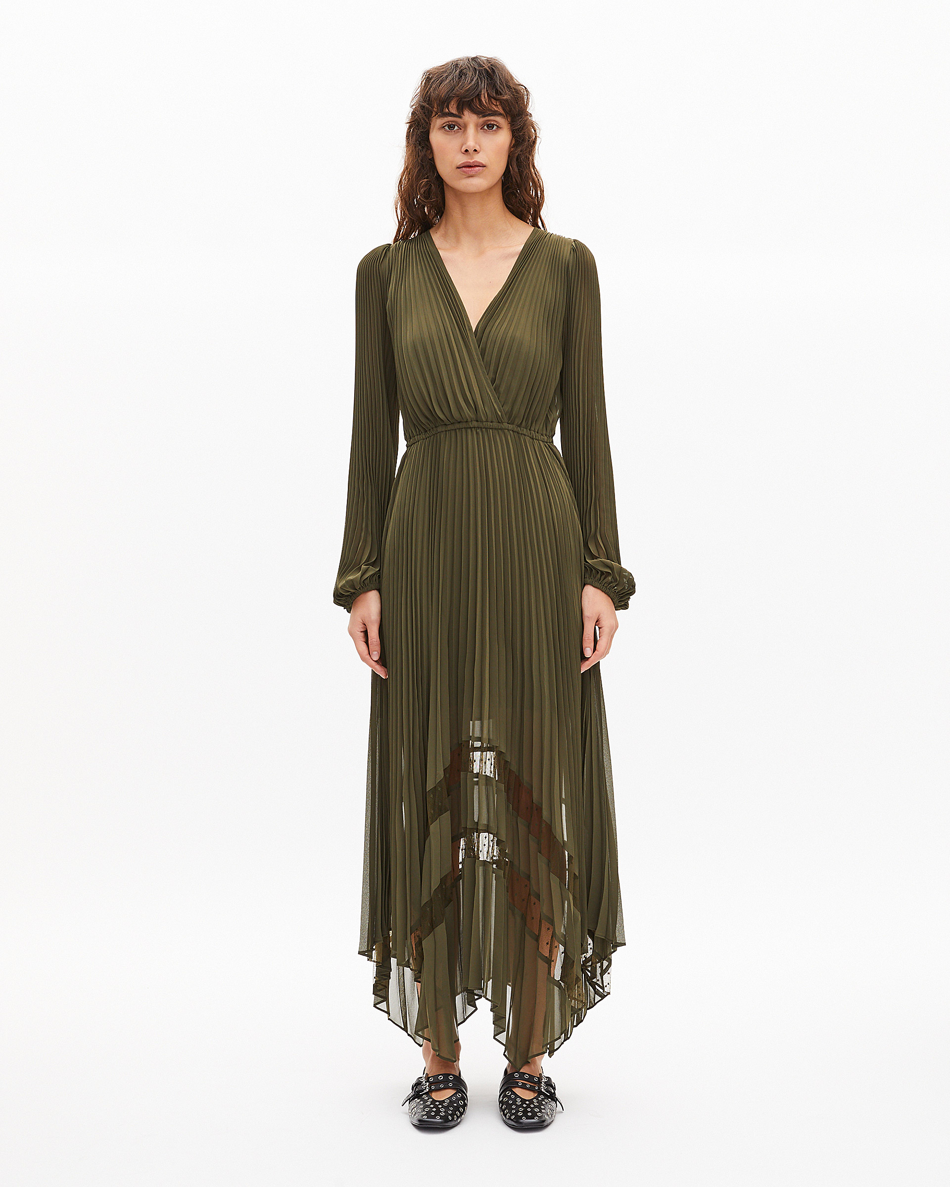 Khaki pleated maxi dress