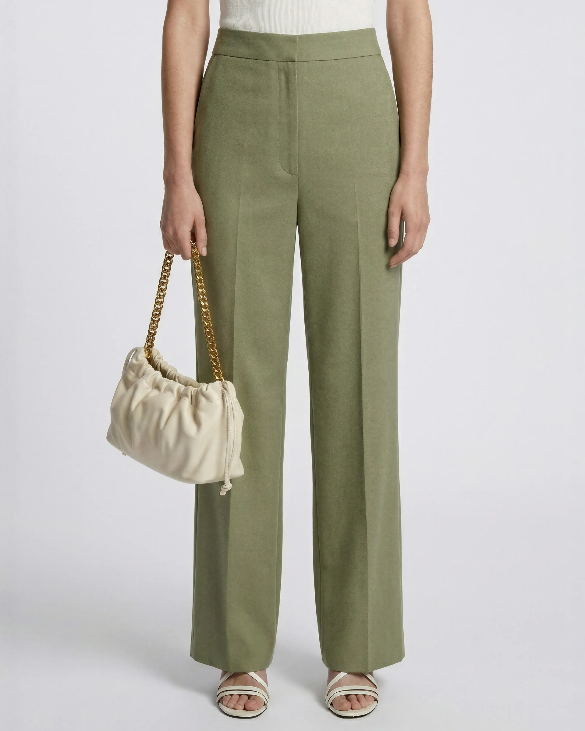 Wide-leg pants in khaki linen and cotton