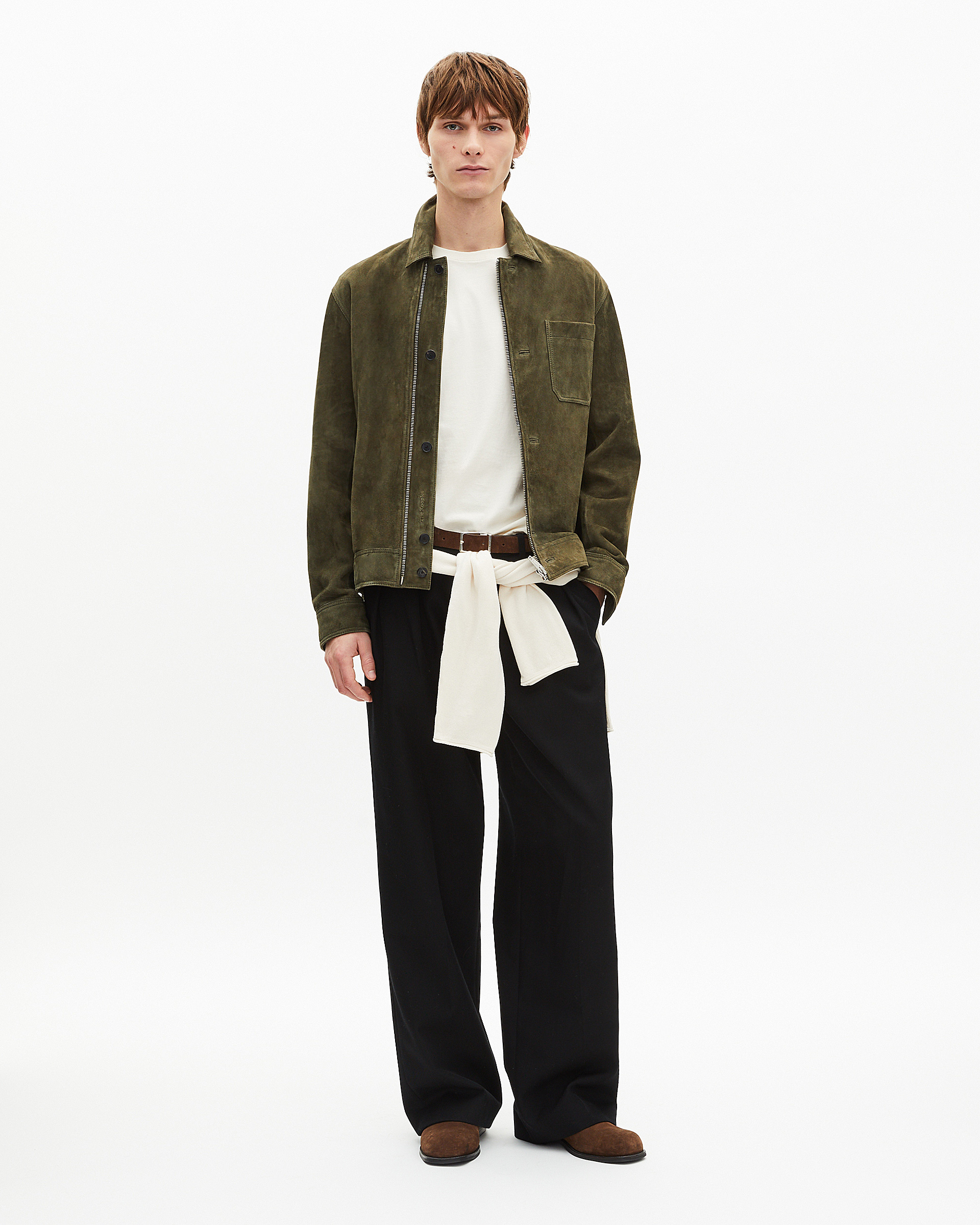 Suede jacket with khaki offset zip