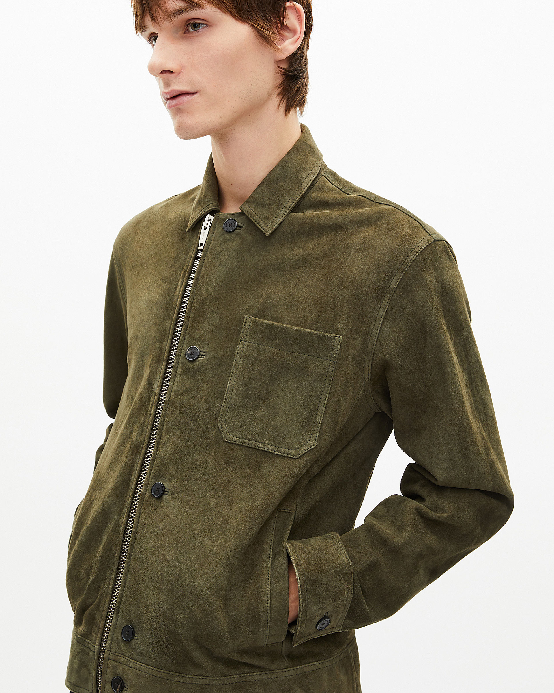 Suede jacket with khaki offset zip