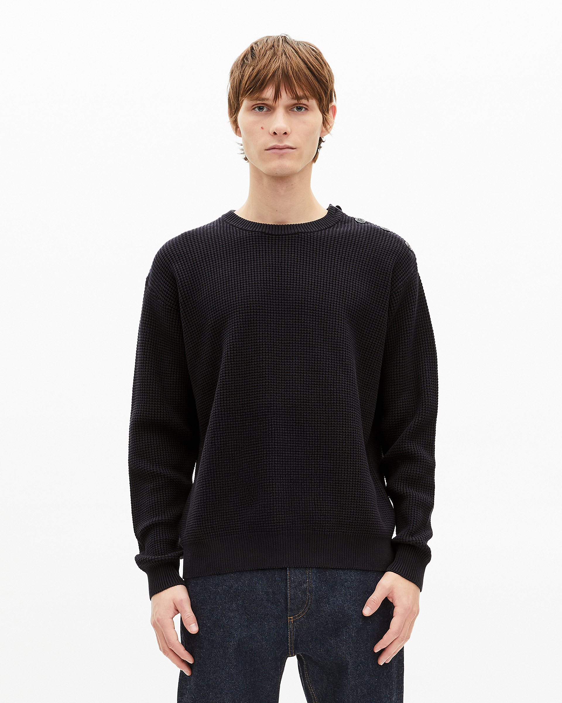 Navy button sweater