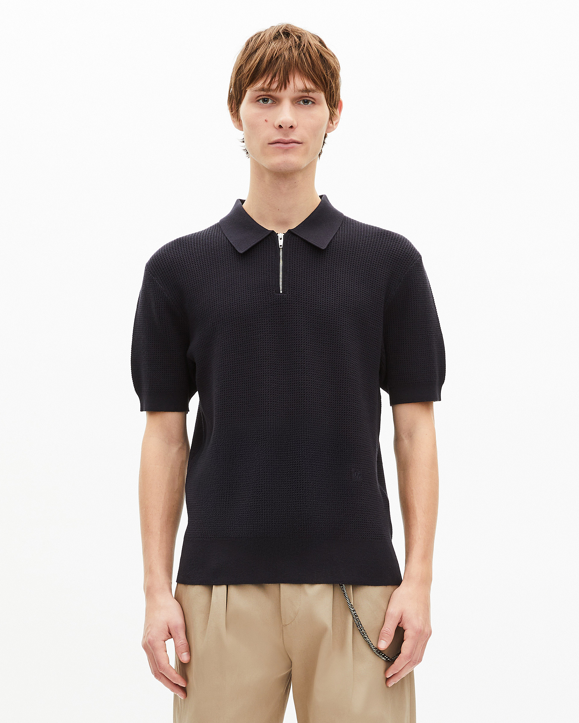 Navy polo-neck zip sweater