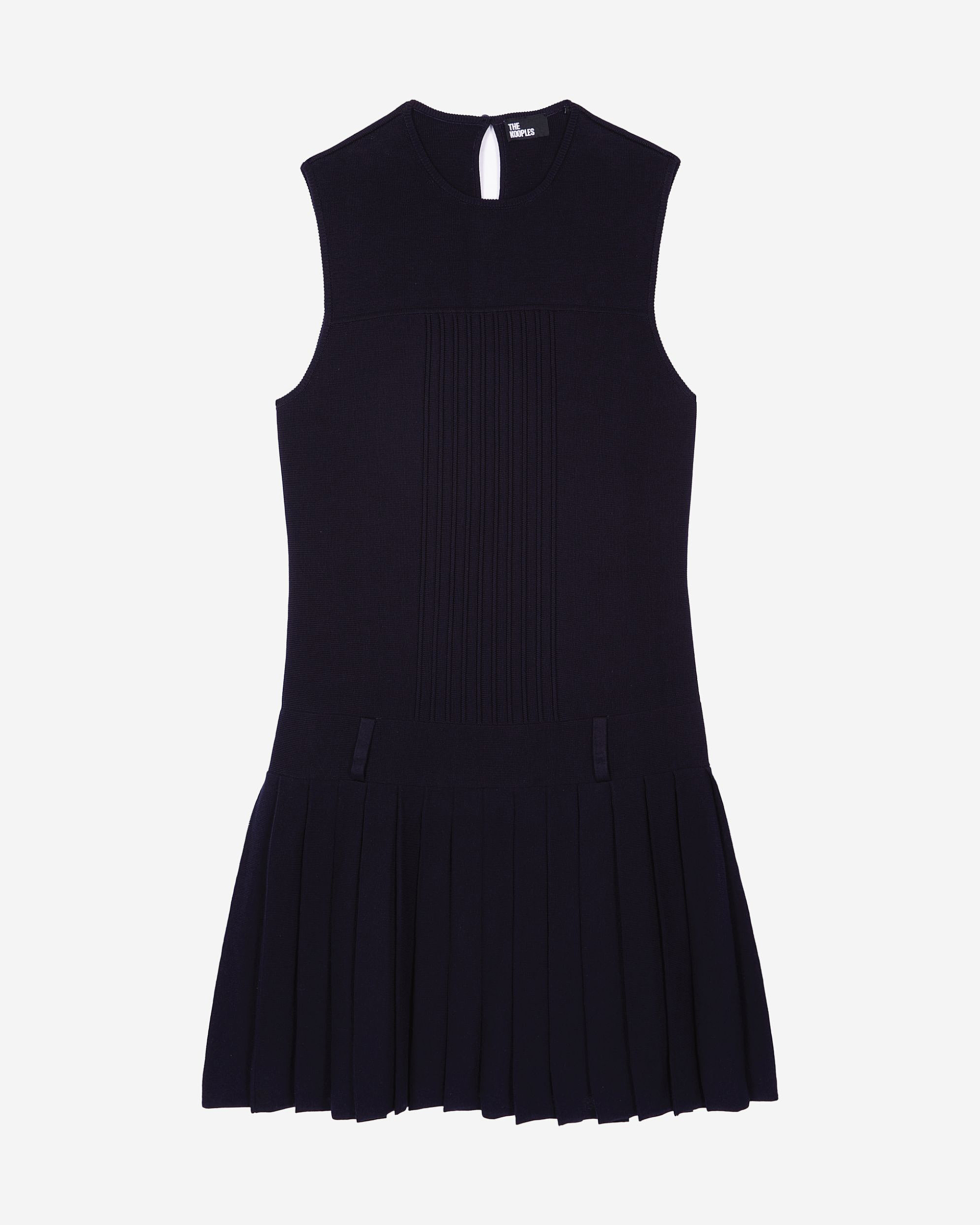 Short navy pleated knit dress