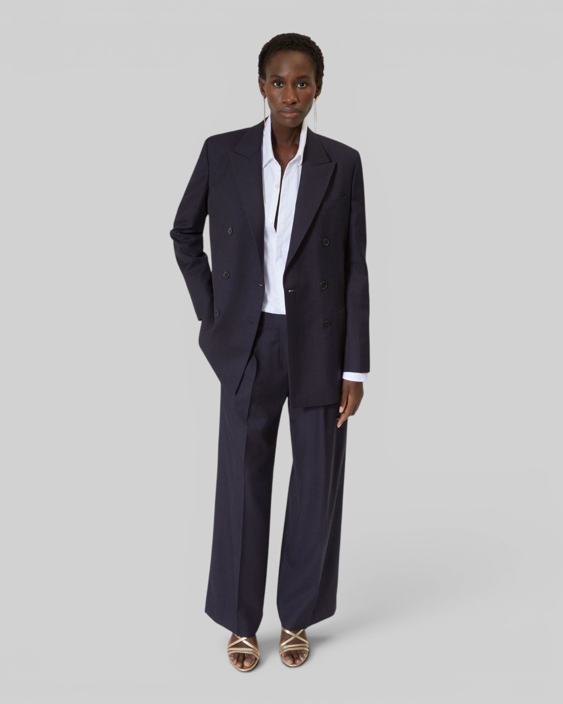 Double-breasted suit jacket in navy striped wool