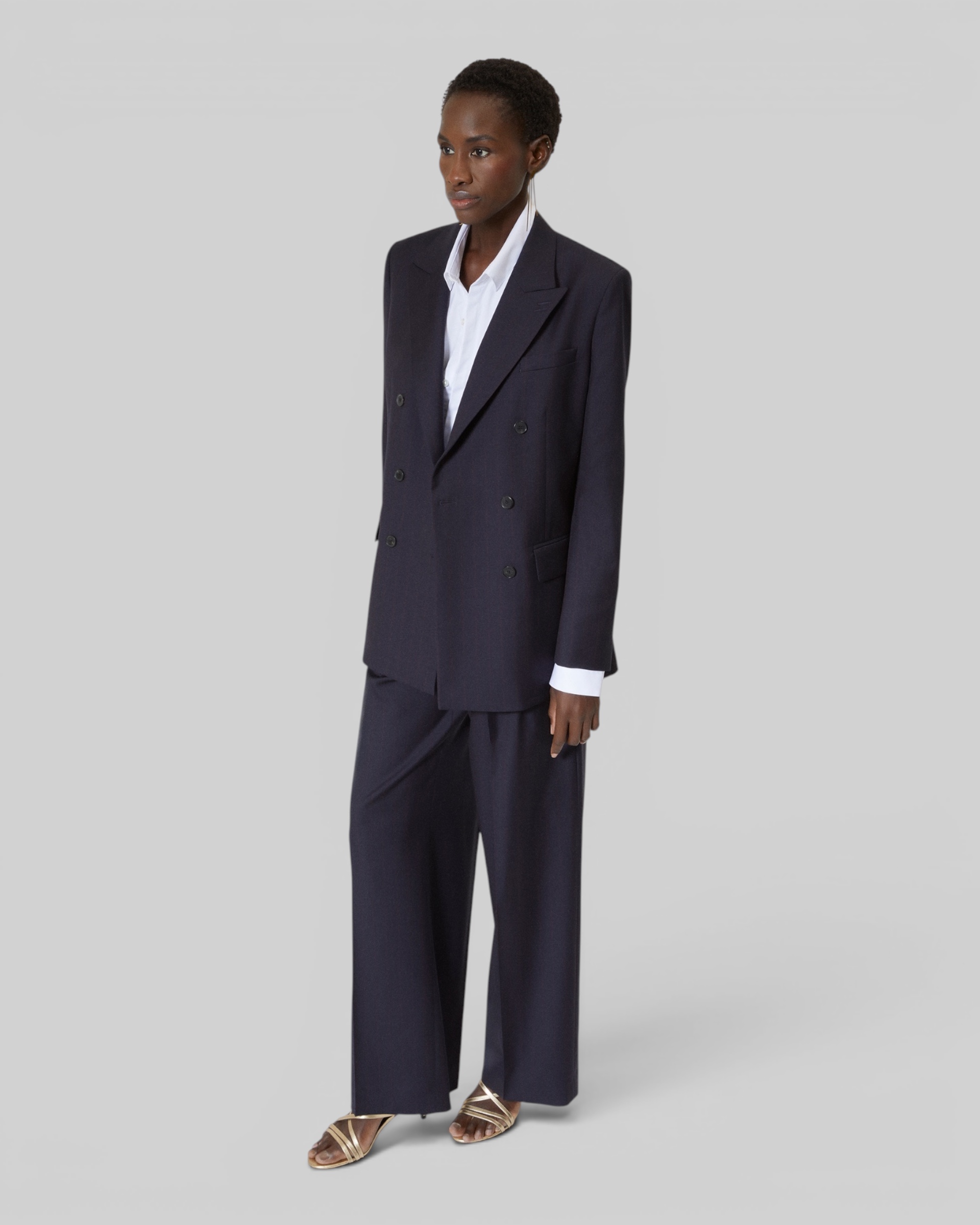 Wide-leg wool suit pants in navy stripes