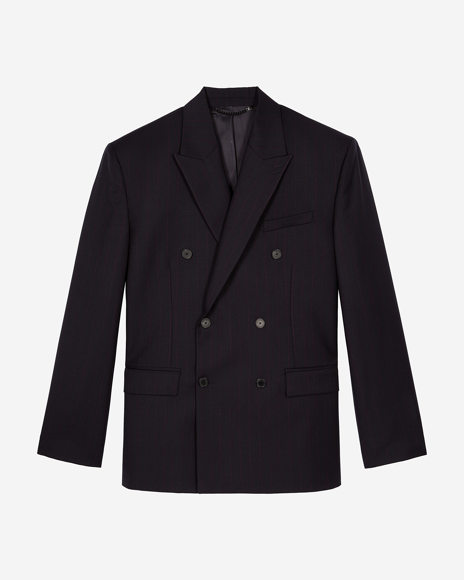 Navy pinstripe double-breasted suit jacket