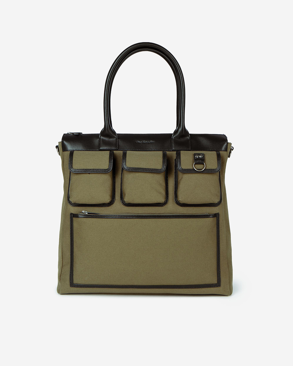 Khaki canvas and leather tote bag