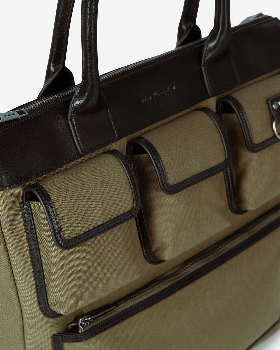 Khaki canvas and leather tote bag