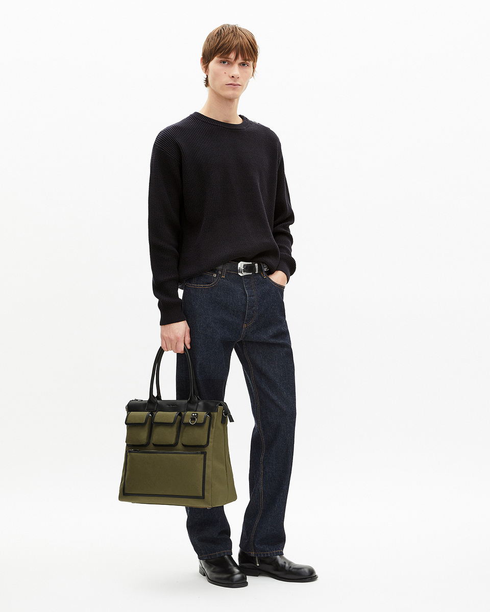 Khaki canvas and leather tote bag