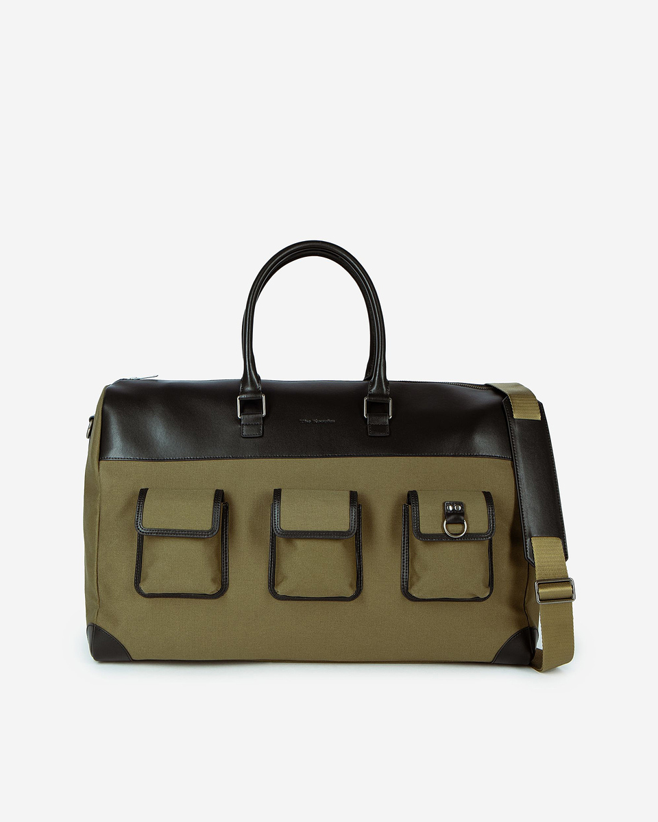 Khaki canvas and leather weekend bag